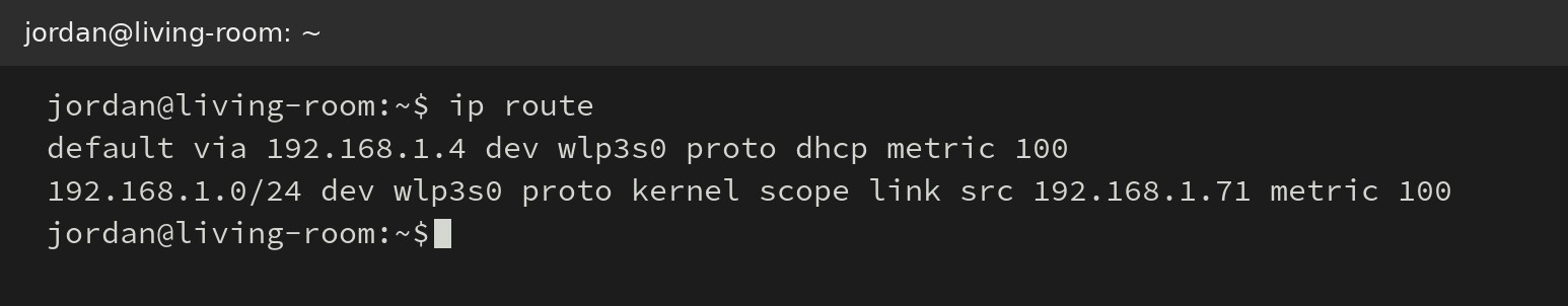 ip route in a Linux terminal: this computer is 192.168.1.71, subnet mask 255.255.255.0, default gateway and DNS 192.168.1.4