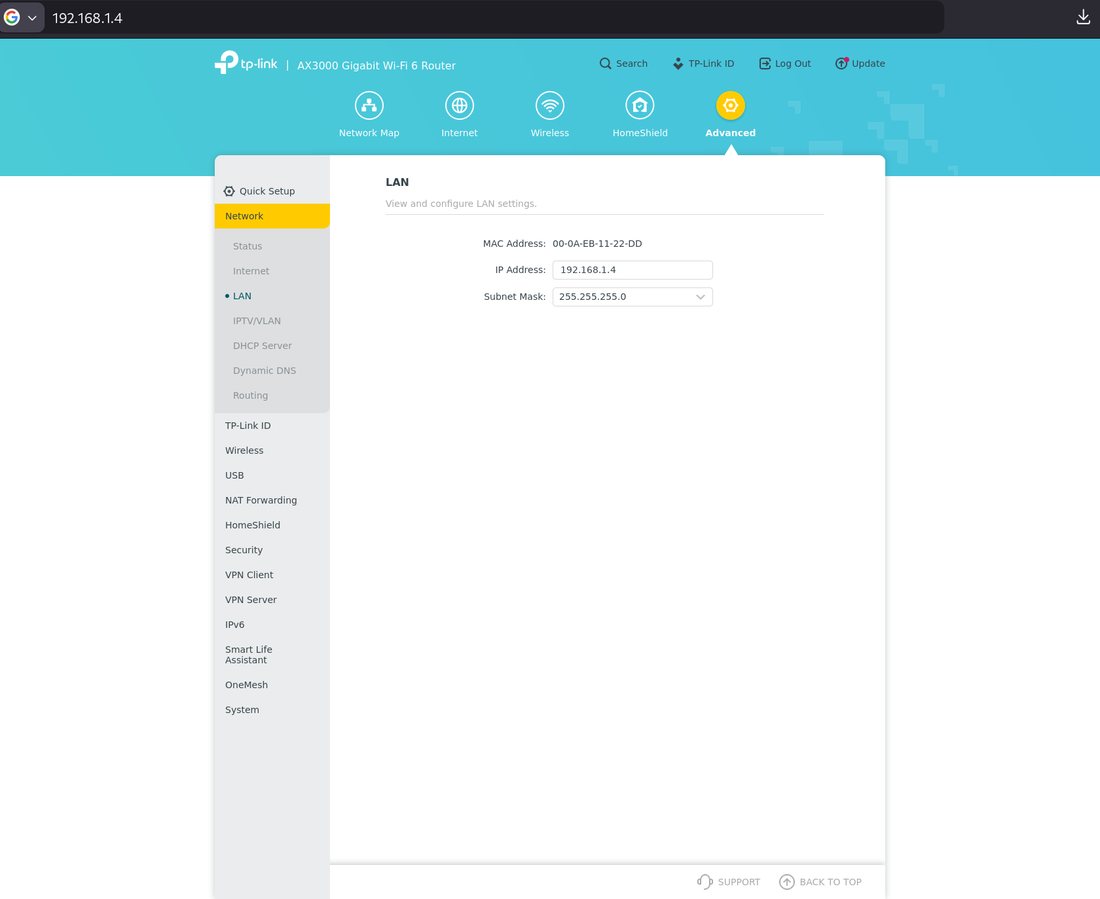 TP-Link LAN settings at 192.168.1.4, with that address in the browser bar and the LAN IP field