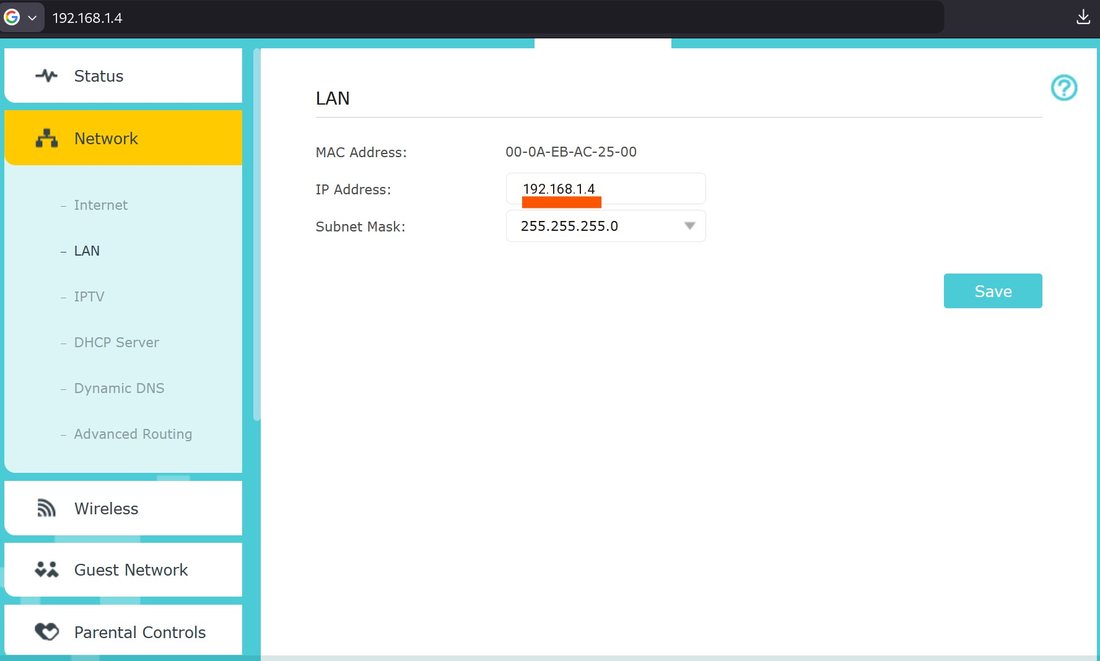 Huawei LAN status at 192.168.1.4, with that address in the browser bar and the IP address field
