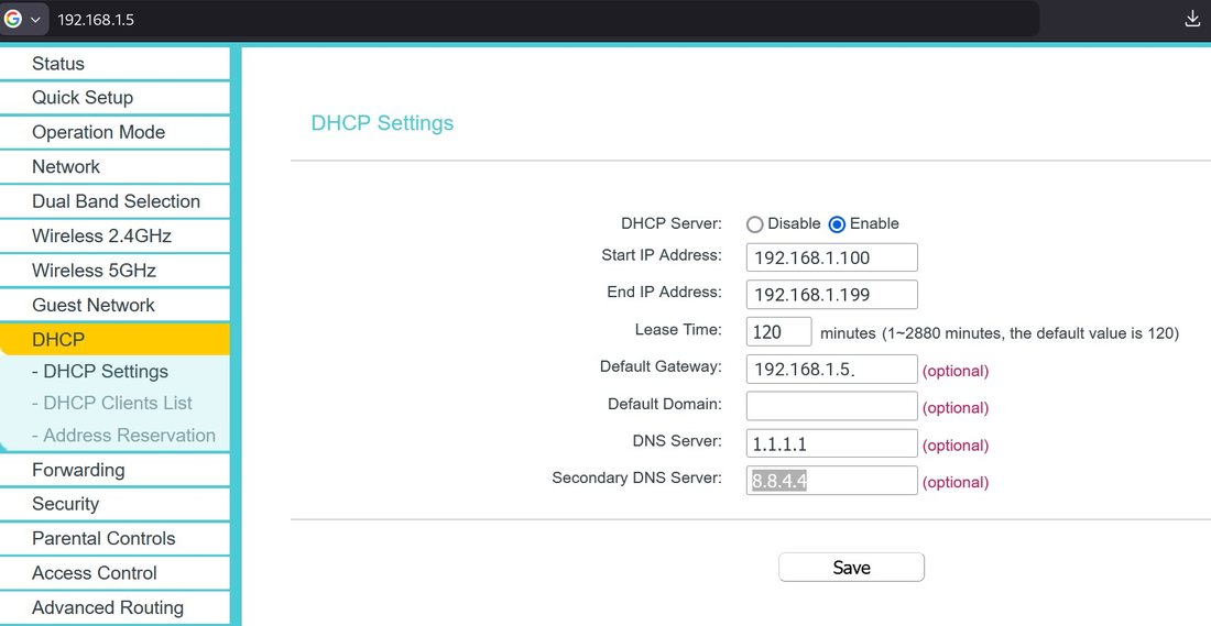 TP-Link DHCP settings at 192.168.1.5, with that address in the browser bar, the gateway, and a DHCP pool in the same subnet