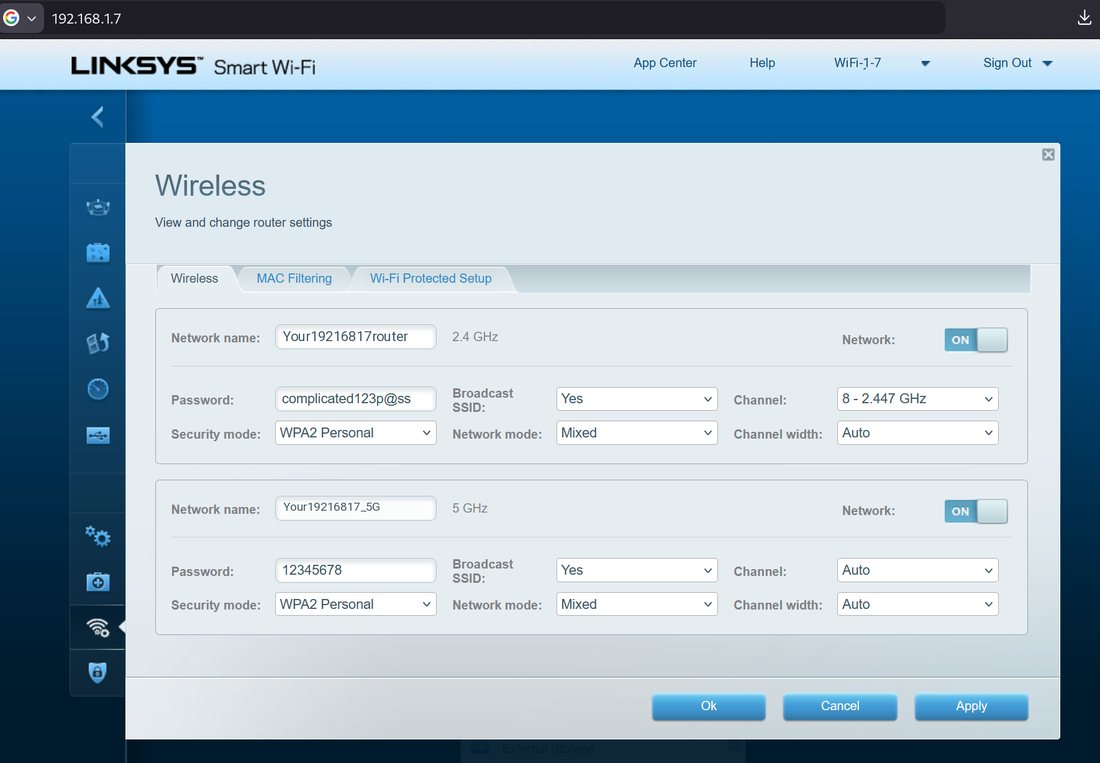 Linksys wireless settings at 192.168.1.7, with that address in the browser bar and the 2.4 GHz and 5 GHz names