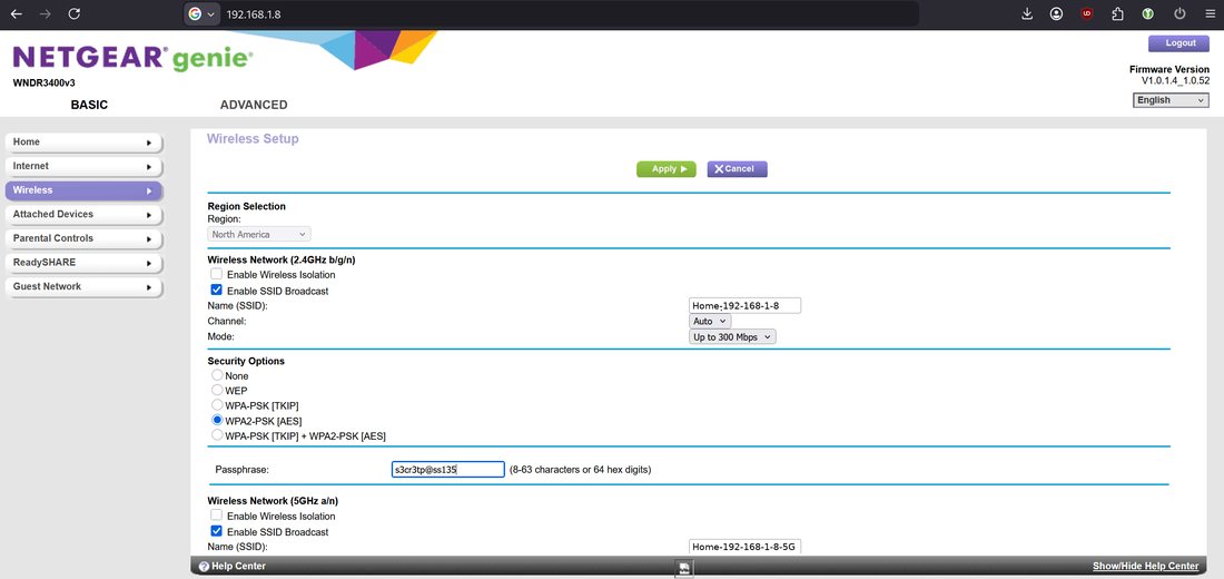 Netgear wireless settings at 192.168.1.8, with that address in the browser bar and the 2.4 GHz and 5 GHz names