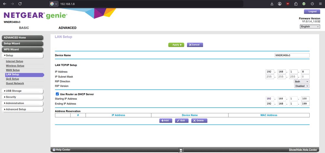 Netgear LAN setup at 192.168.1.8, with that address in the browser bar, the LAN address, and a DHCP pool in the same subnet