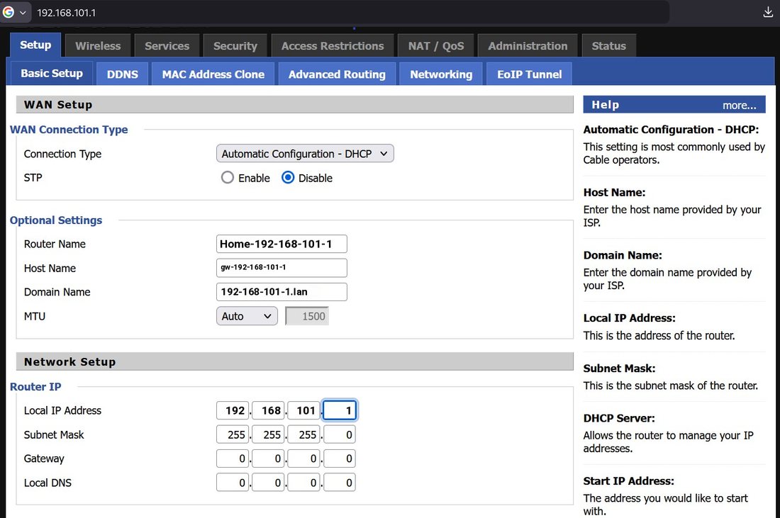 Router basic setup at 192.168.101.1, with that address in the browser bar, the router name, and the LAN address