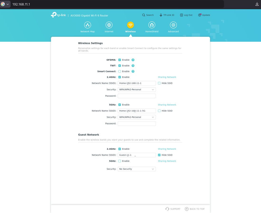TP-Link wireless settings at 192.168.11.1, with that address in the browser bar and the 2.4 GHz, 5 GHz, and guest names