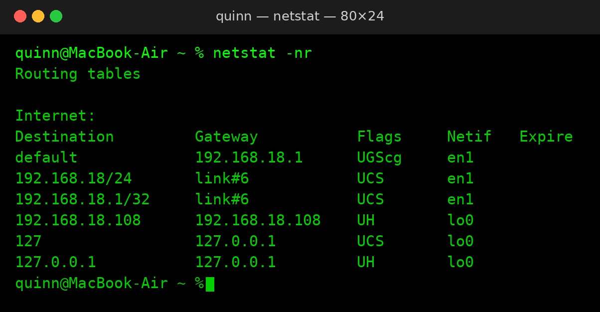 netstat -nr in Terminal on a Mac: this computer is 192.168.18.108, subnet mask 255.255.255.0, default gateway and DNS 192.168.18.1