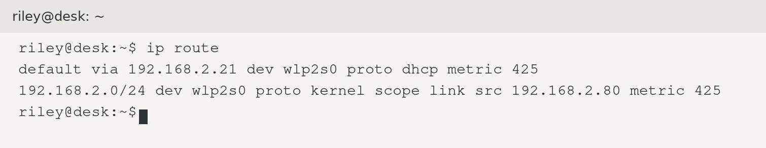 ip route in a Linux terminal: this computer is 192.168.2.80, subnet mask 255.255.255.0, default gateway and DNS 192.168.2.21