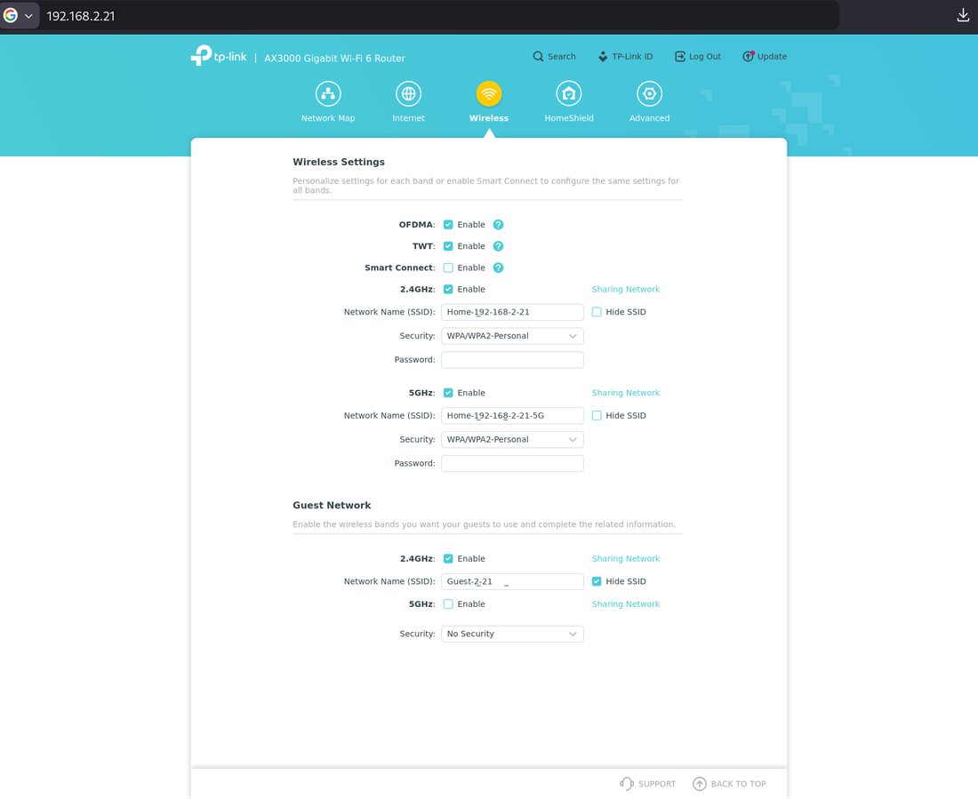 TP-Link wireless settings at 192.168.2.21, with that address in the browser bar and the 2.4 GHz, 5 GHz, and guest names