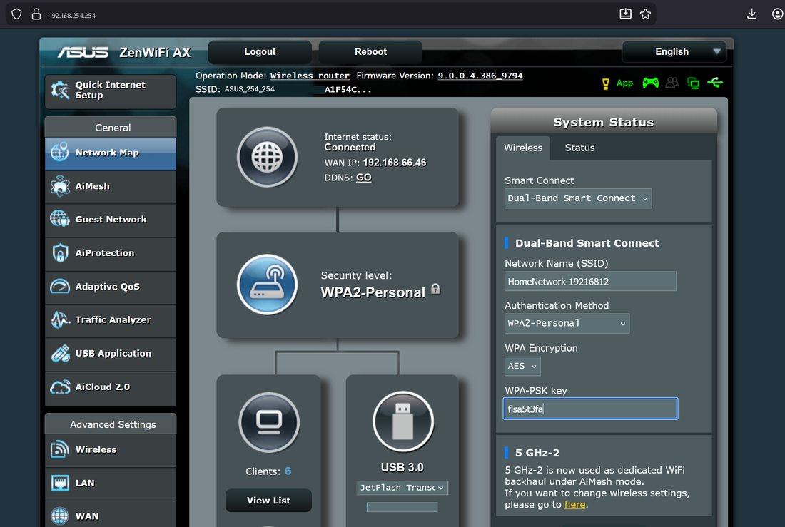 ASUS router status at 192.168.254.254, with that address in the browser bar and the Wi-Fi name. The WAN address stays a different network