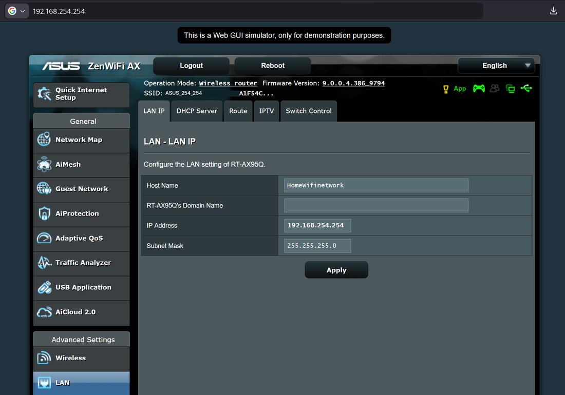 ASUS LAN settings at 192.168.254.254, with that address in the browser bar, the LAN IP field, and the Wi-Fi name