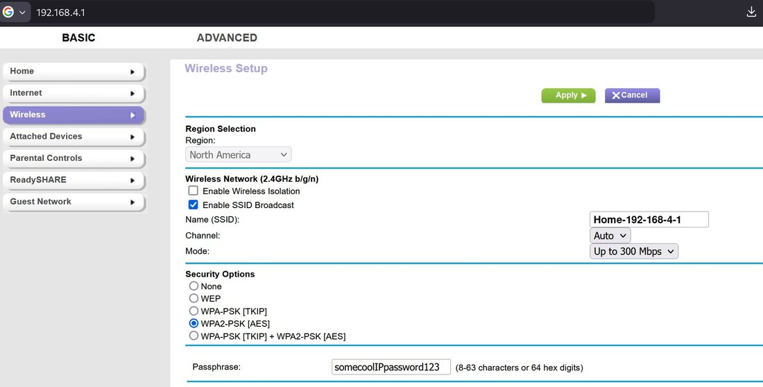 Netgear SSID settings at 192.168.4.1, with that address in the browser bar and the Wi-Fi name